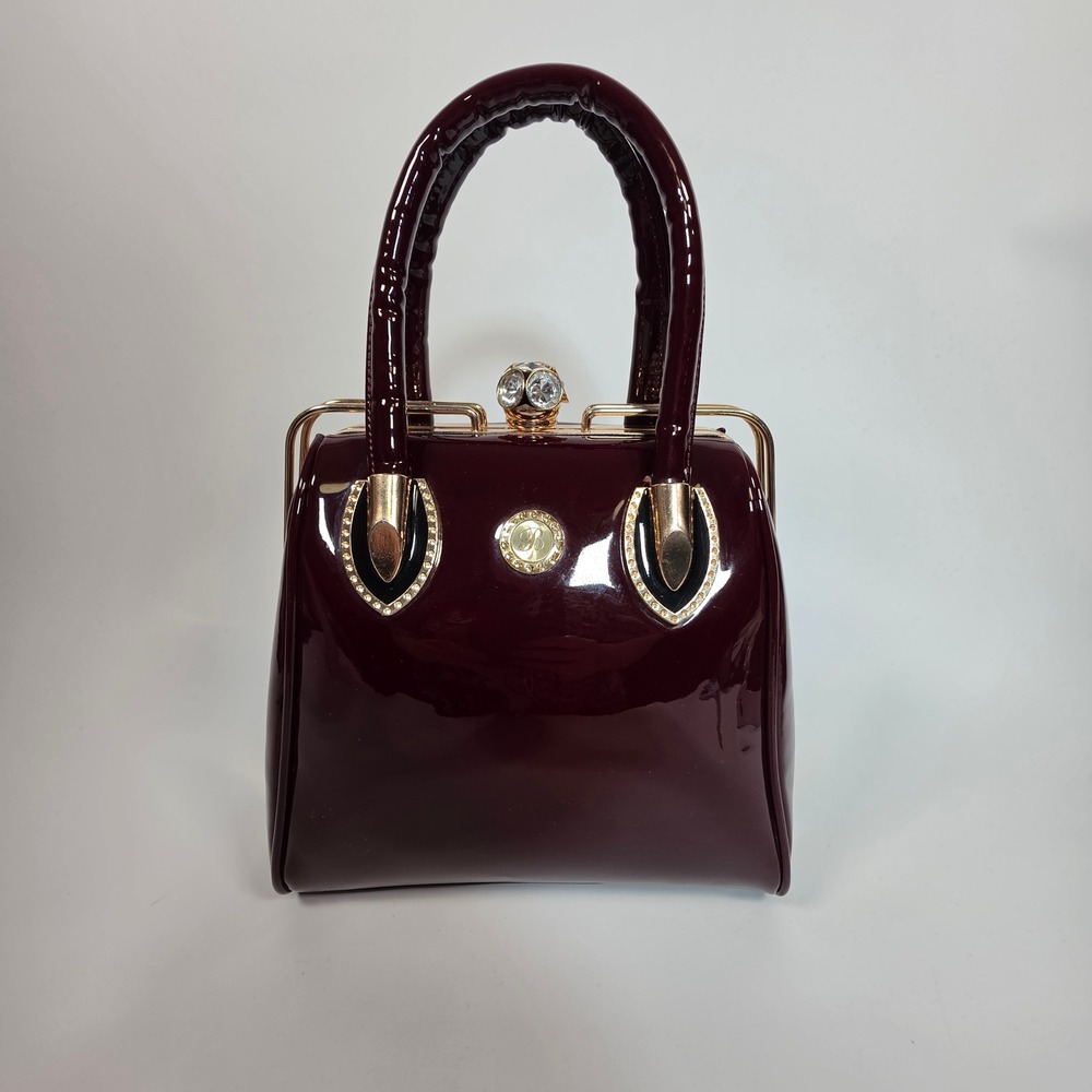 Patent Leather Evening Handbag Burgundy Hard Shell Medium Size Elegant Classy‎